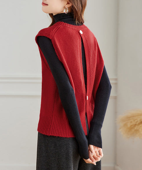 ケーブル編み ニットベスト バックボタン ニットジレ レディース ノースリーブ ニットトップス 大人 重ね着 ベストセーター カジュアル レイヤードベスト お洒落 24TPS-054